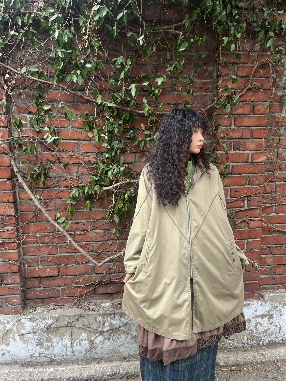 카키&그린 체크 패턴 양면 롱 재킷 상품이미지1