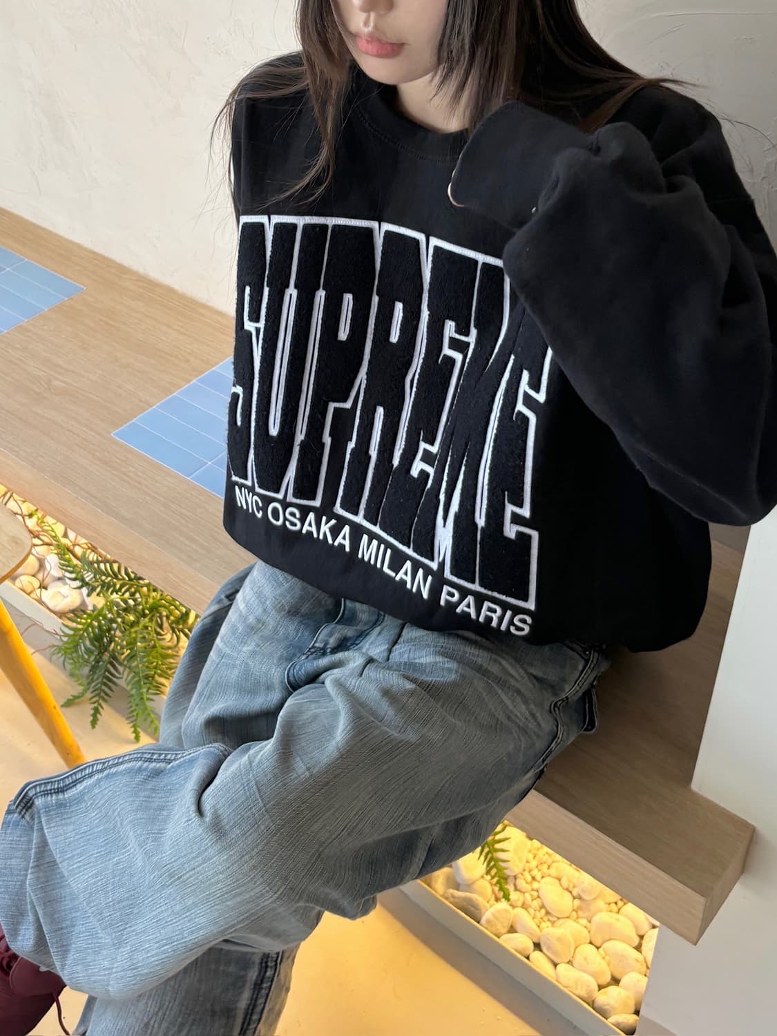 90s 빈티지 백포켓 자수 워싱 데님 와이드팬츠 상품이미지3