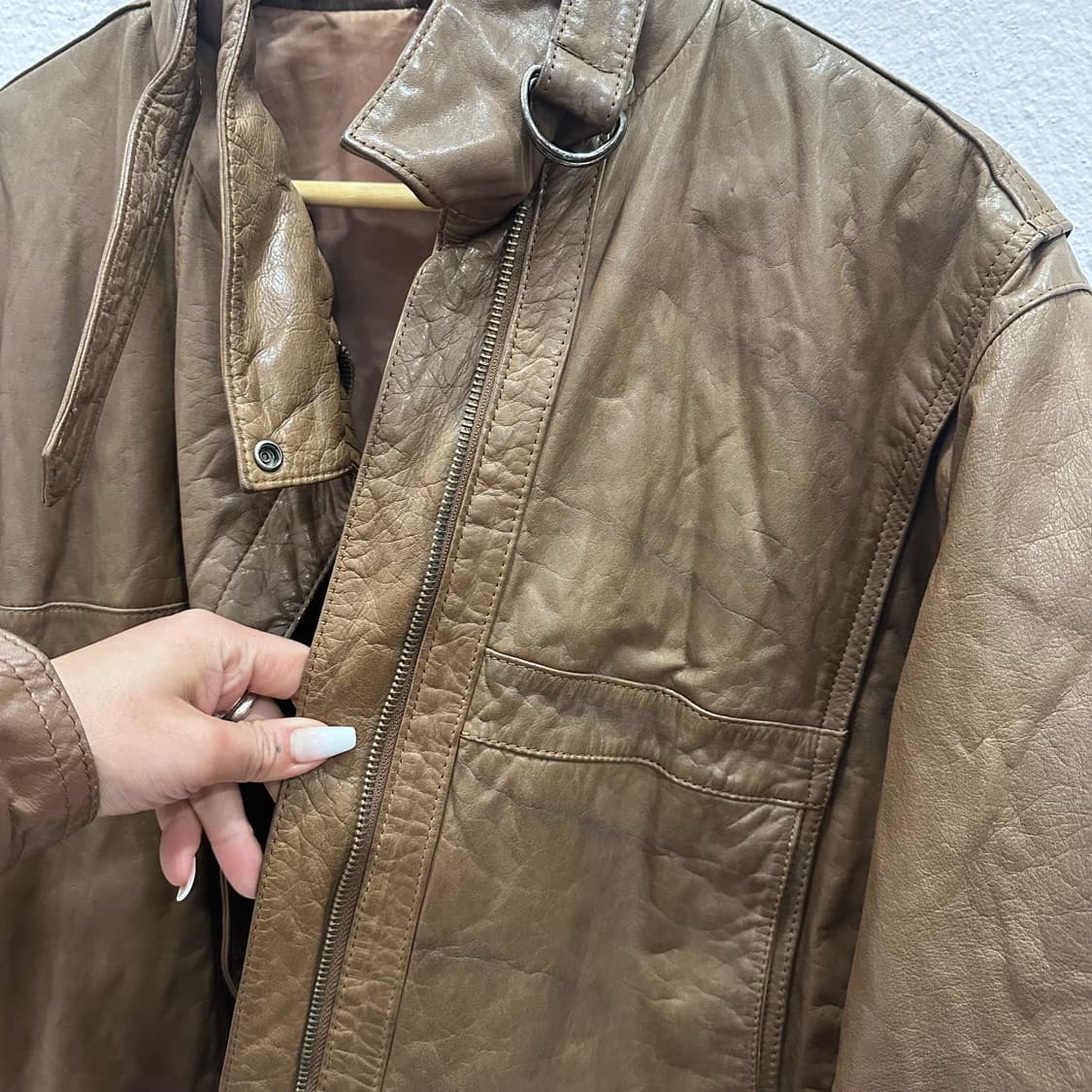 브라운 벨티드 램스킨 가죽 봄버 자켓M-L 상품이미지3