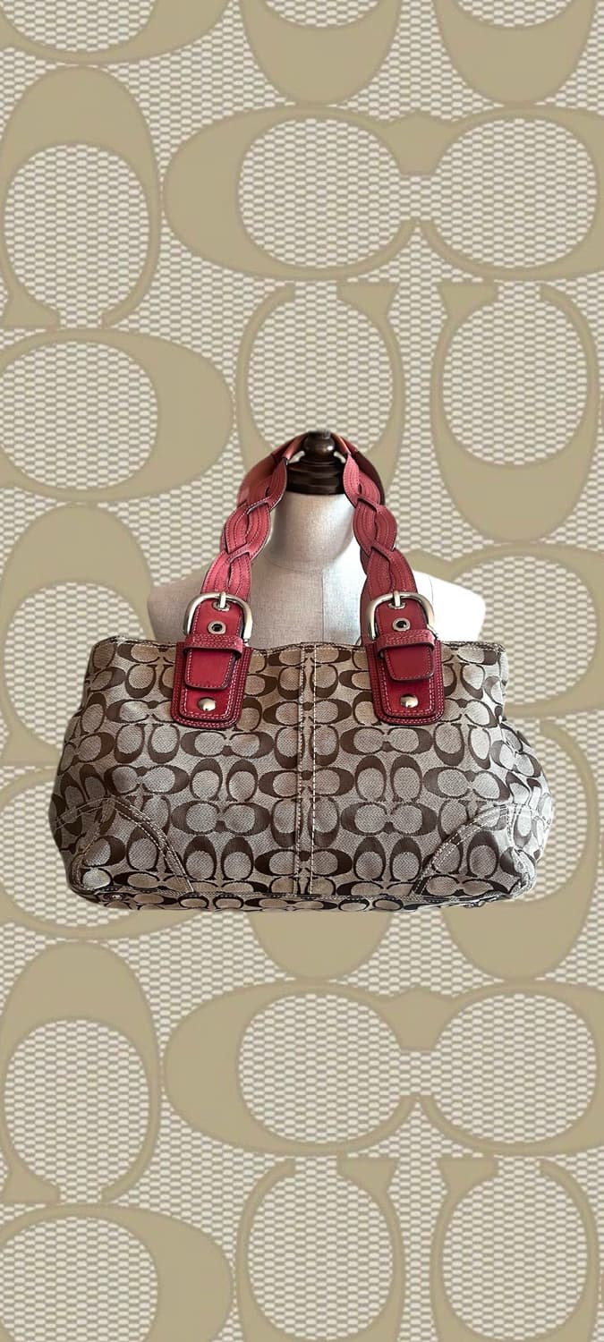 90s coach 코치 자카드 브라운 캔버스 레드 레더 호보 숄더백 상품이미지4