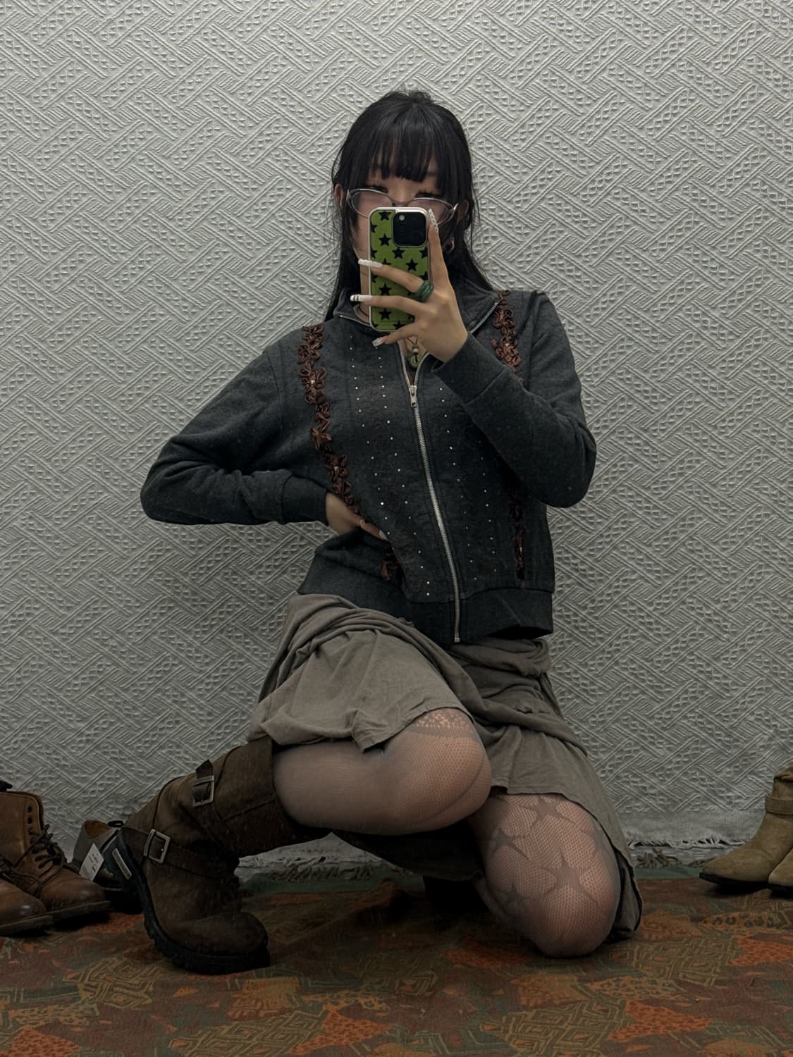 빈티지 코지 모리걸 희귀 Y2K 리본플라워 큐빅 집업 K0071 상품이미지1