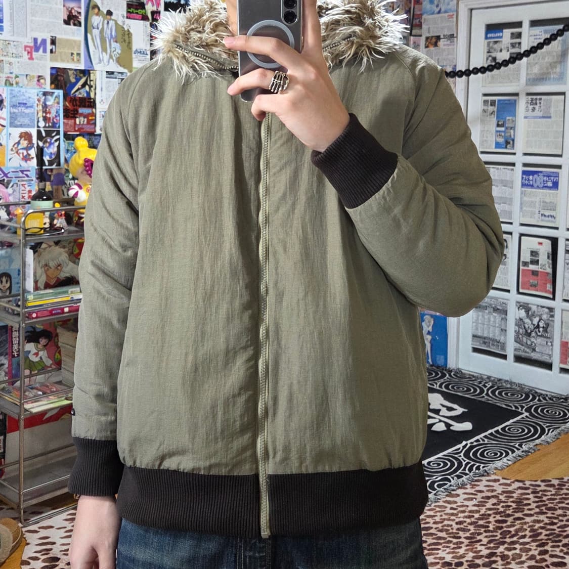 빈티지 에코 샤기 퍼 리버시블 카키 브라운 점퍼 상품이미지2