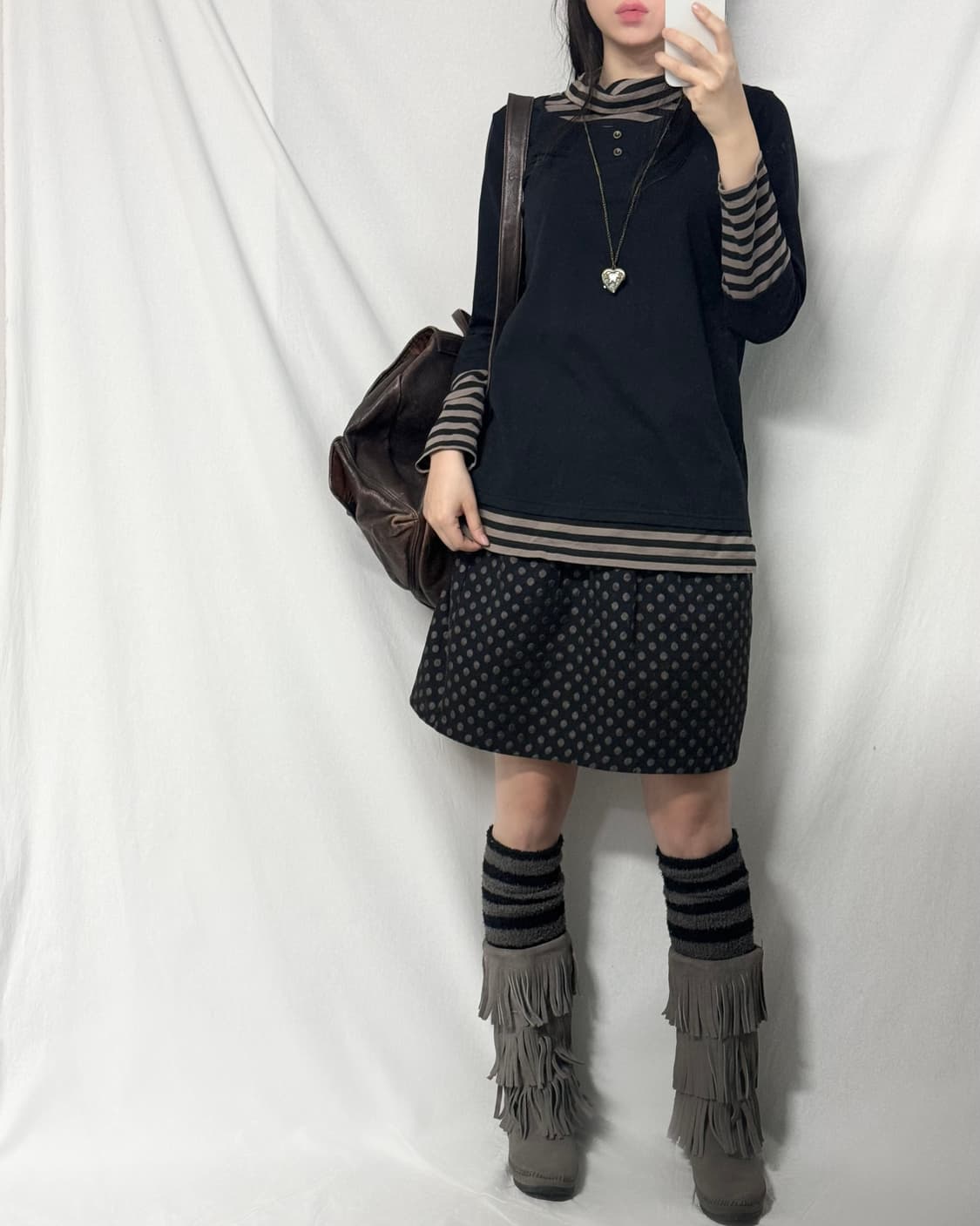 셔링 넥 레이어드 버튼 도트 패턴 스커트 2pcs SET 상품이미지2