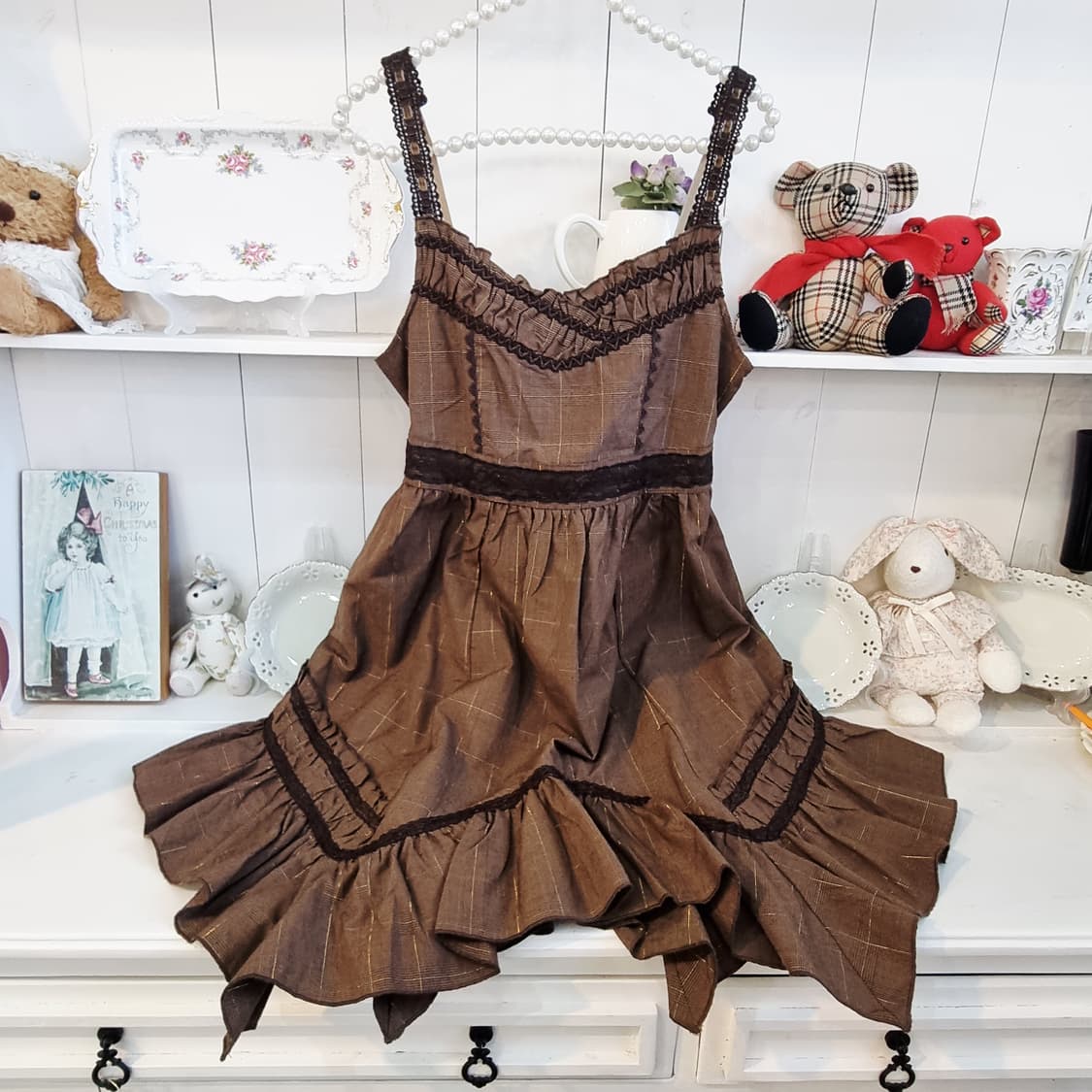 브라운 체크 프릴 레이스 원피스 상품이미지4