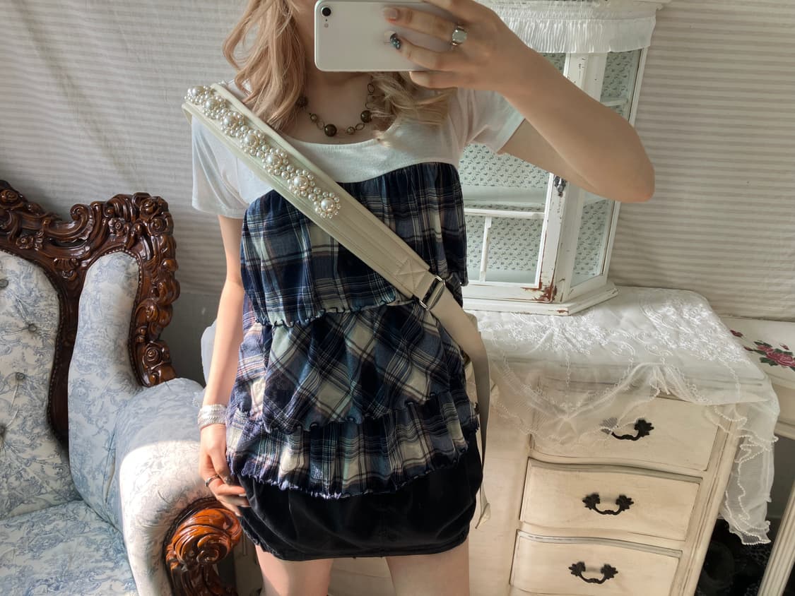 빈티지 블루 체크 캉캉 반팔 블라우스 상품이미지4