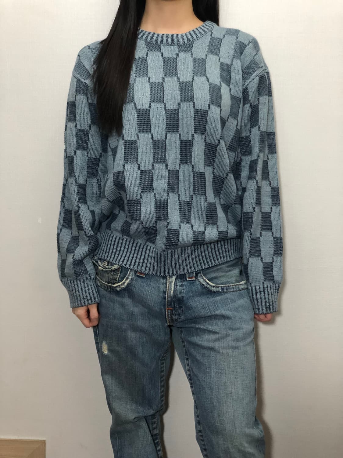 빈티지 블루 체커보드 니트 상품이미지1
