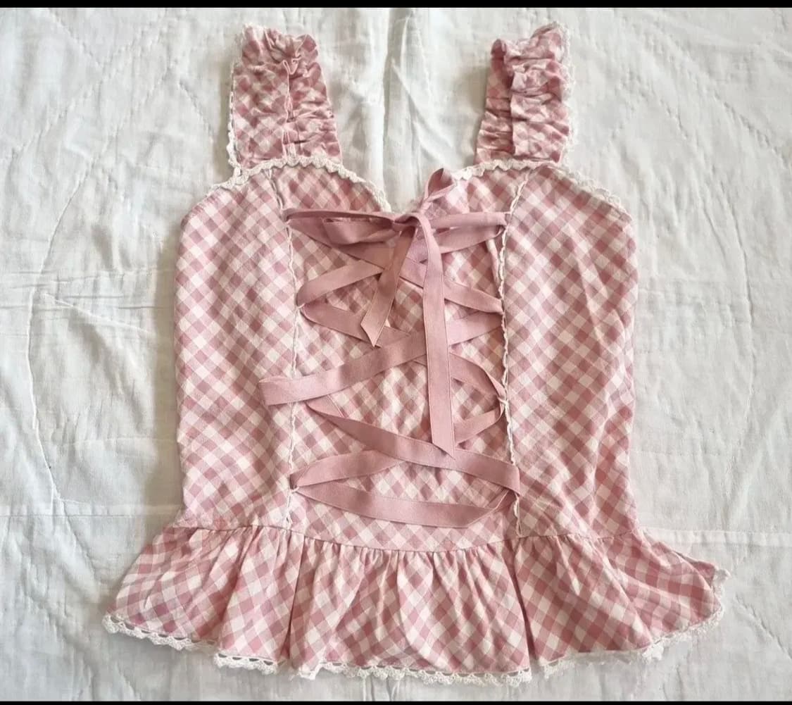 Heart E(하트이) 핑크 깅엄체크 리본 코르셋 프릴 상품이미지1