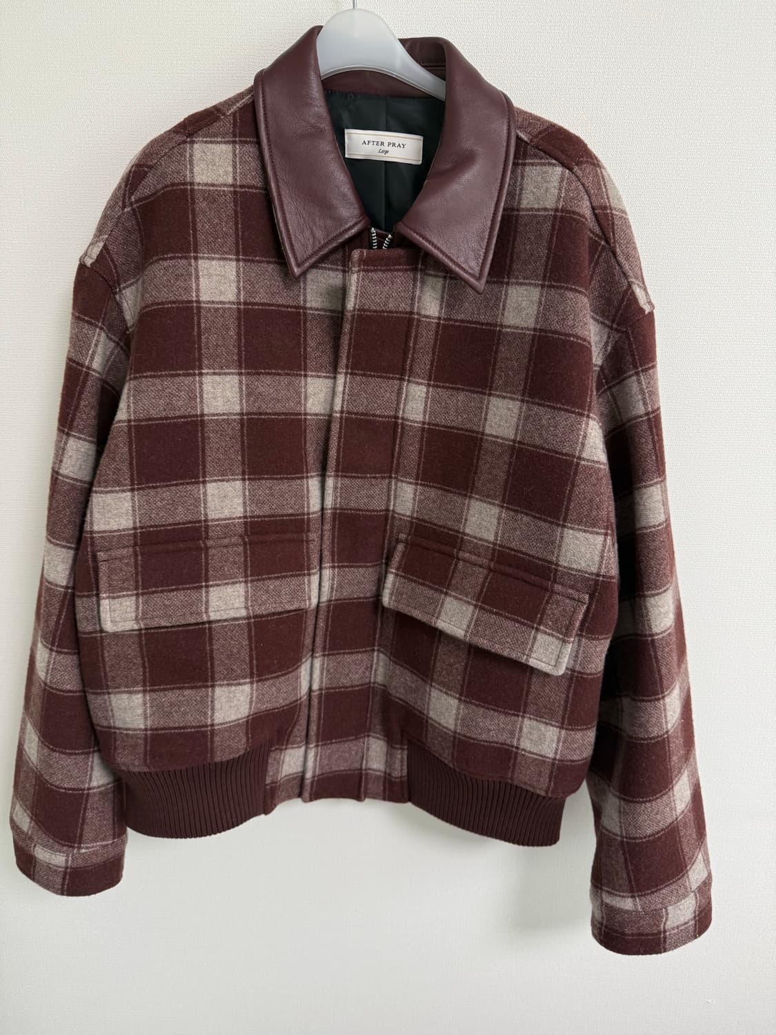 애프터프레이 레더 칼라 체크 울 블루종 버건디 상품이미지4