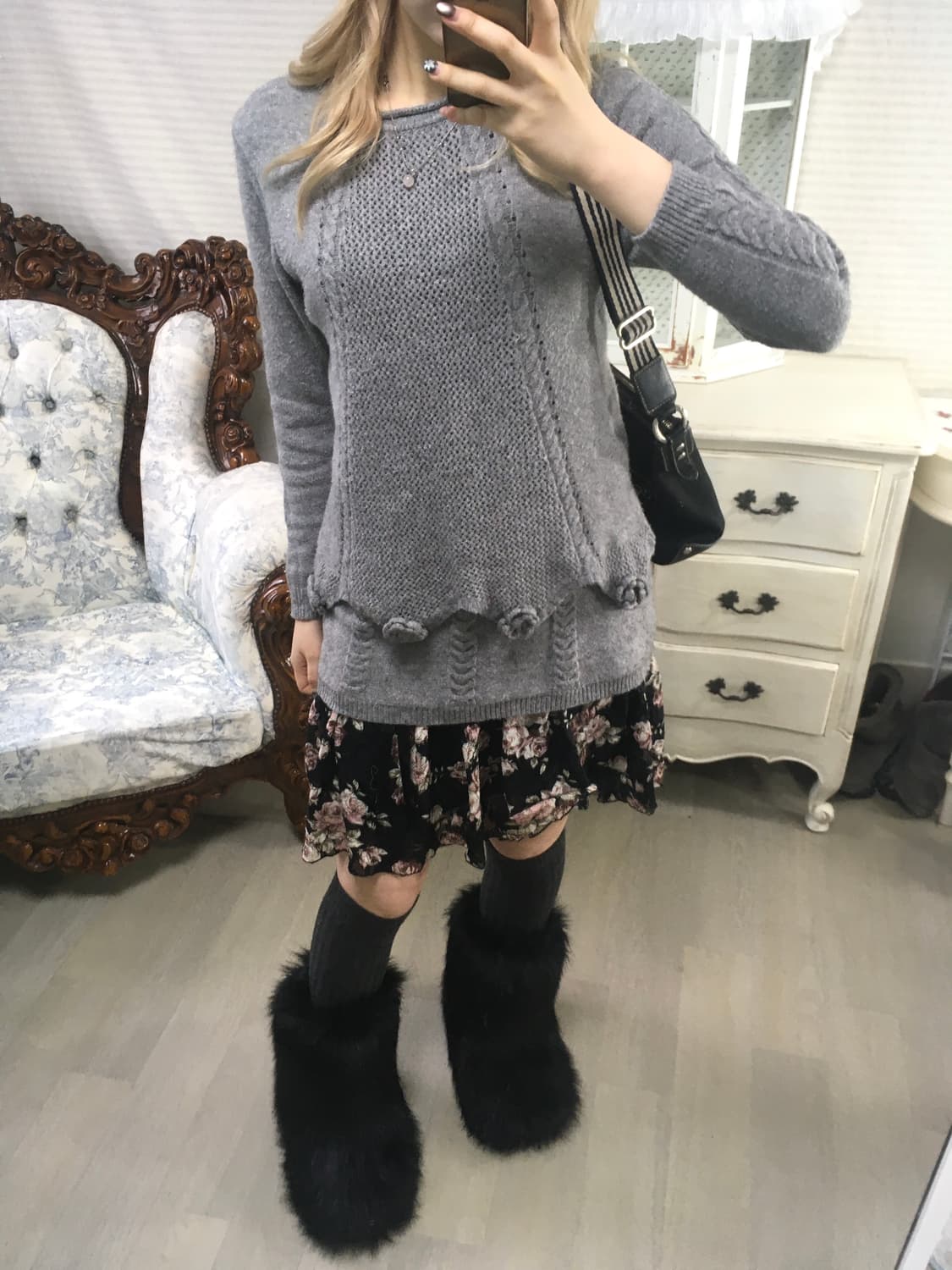 jpn vintage gray crochet flower layered  상품이미지5