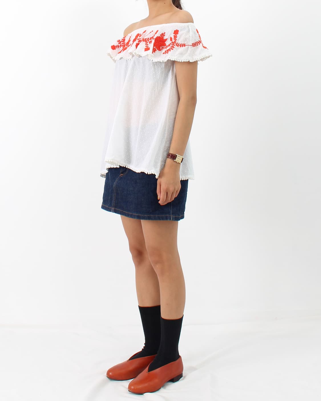 유럽 빈티지 플라워 자수 오프숄더 나시 화이트 여름 블라우스 상품이미지4