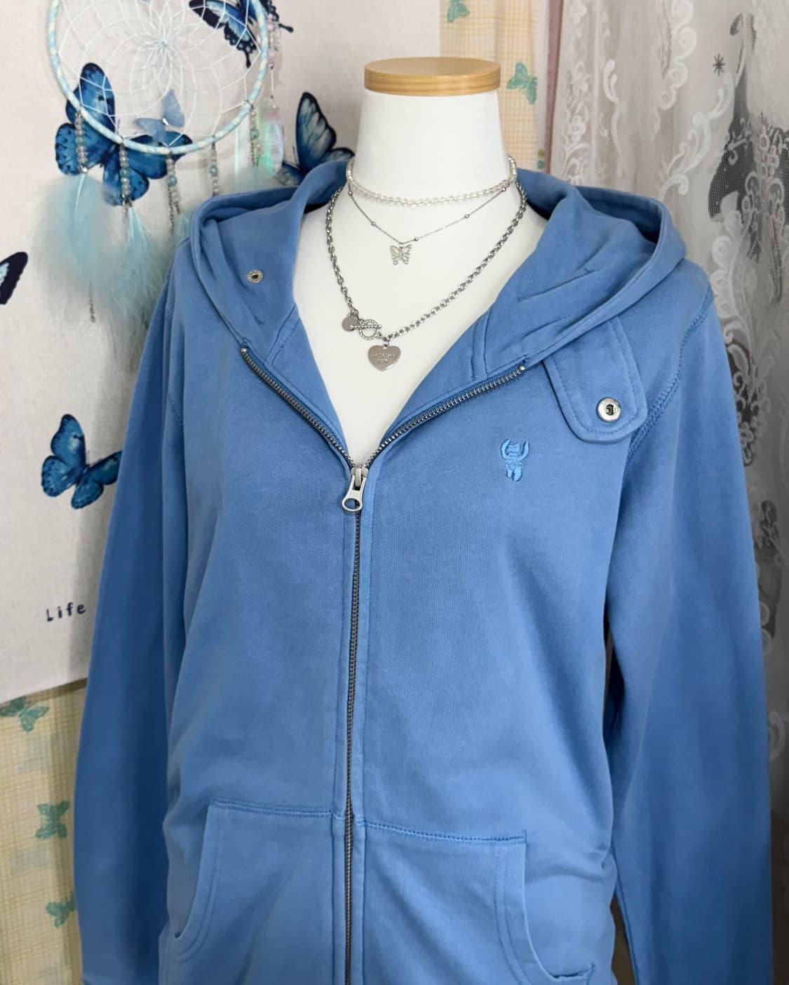 하늘색 넥 버튼 후드 집업 상품이미지8