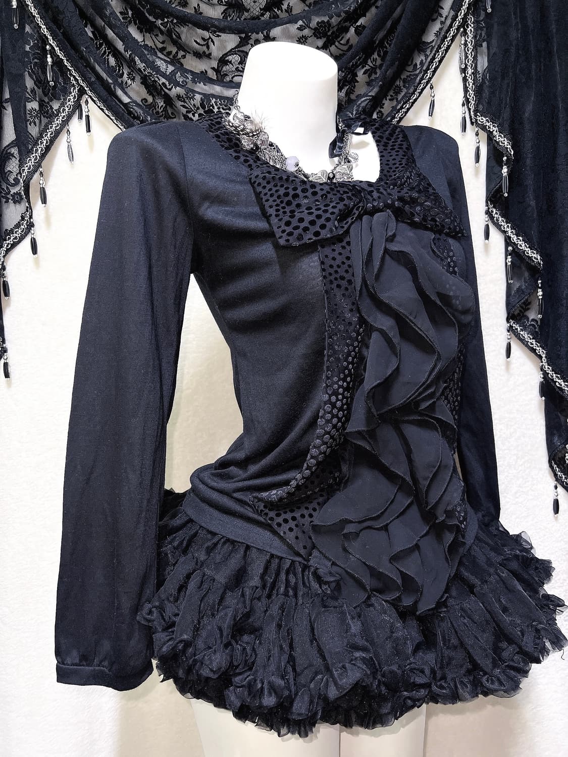 엑시즈팜 로맨틱고딕 왕리본 도트 땡땡이 프릴 로걀탑 공겜 고스로리 핀터 상품이미지5