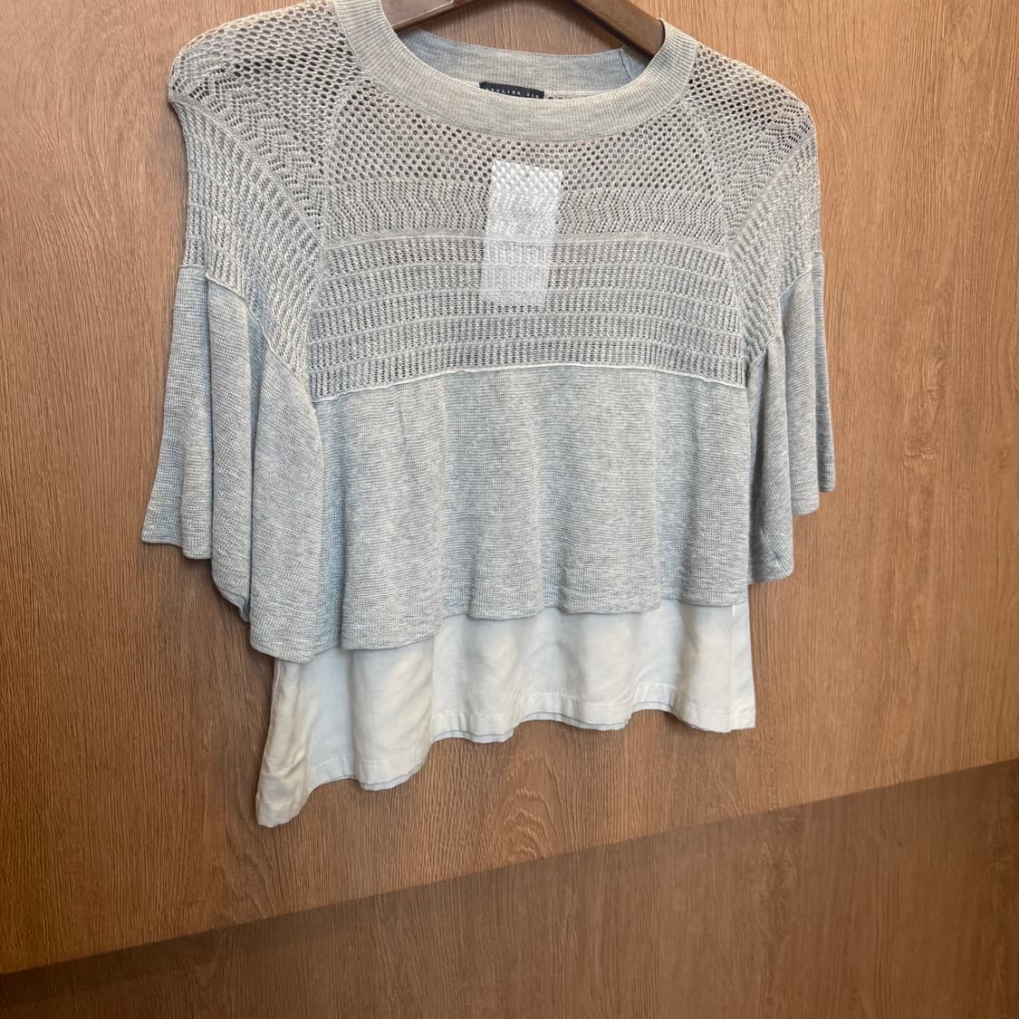 빈티지 니트 블라우스 메쉬 레이어드 디테일 루즈핏 그레이 상품이미지4