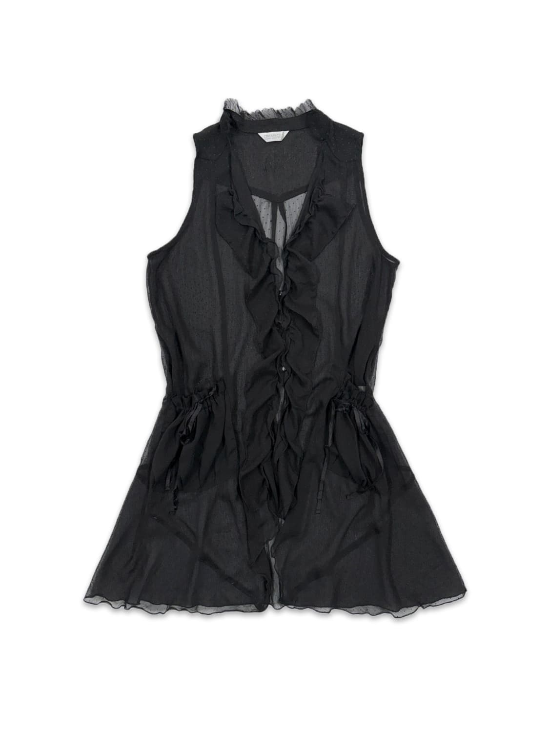 빈티지 블랙 도트 시스루 리본포켓 원피스 슬리브리스 상품이미지1