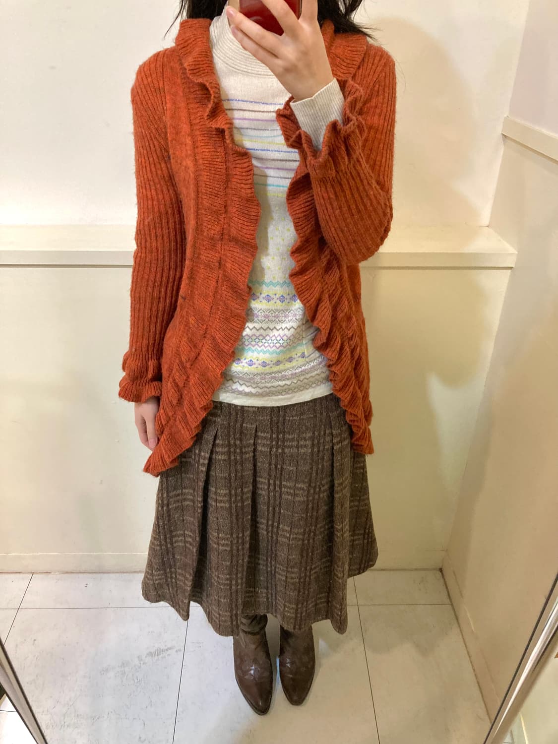 탄 오렌지 y2k 프릴 롱 가디건 상품이미지8