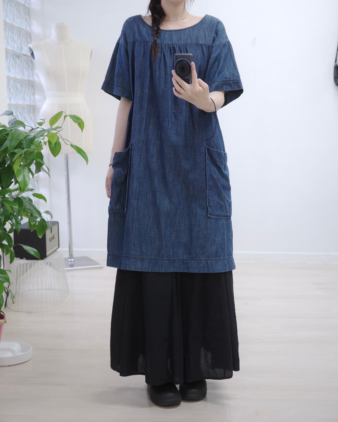 Cotton demin wood button one-piece 상품이미지2