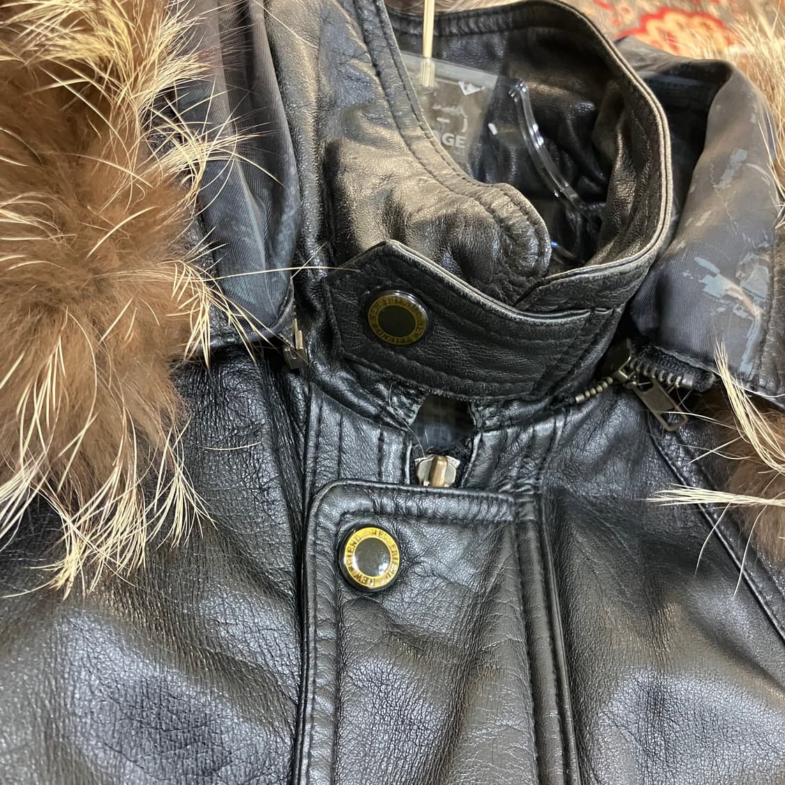 VTG 빈티지 블랙 후드 레더 코트 M 상품이미지4