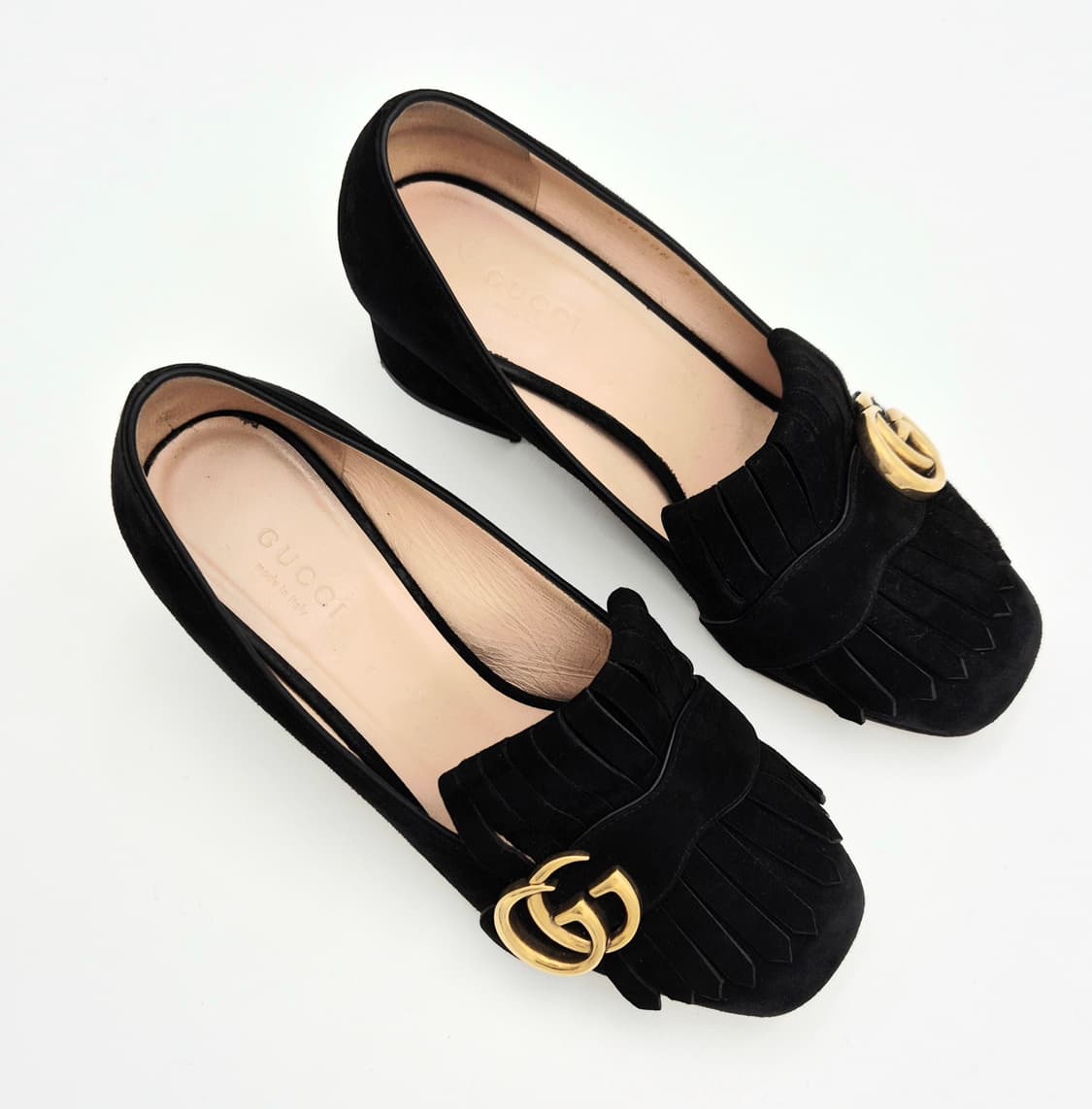 구찌 GG 금장 블랙 스웨이드 블록 힐 로퍼 35 상품이미지1