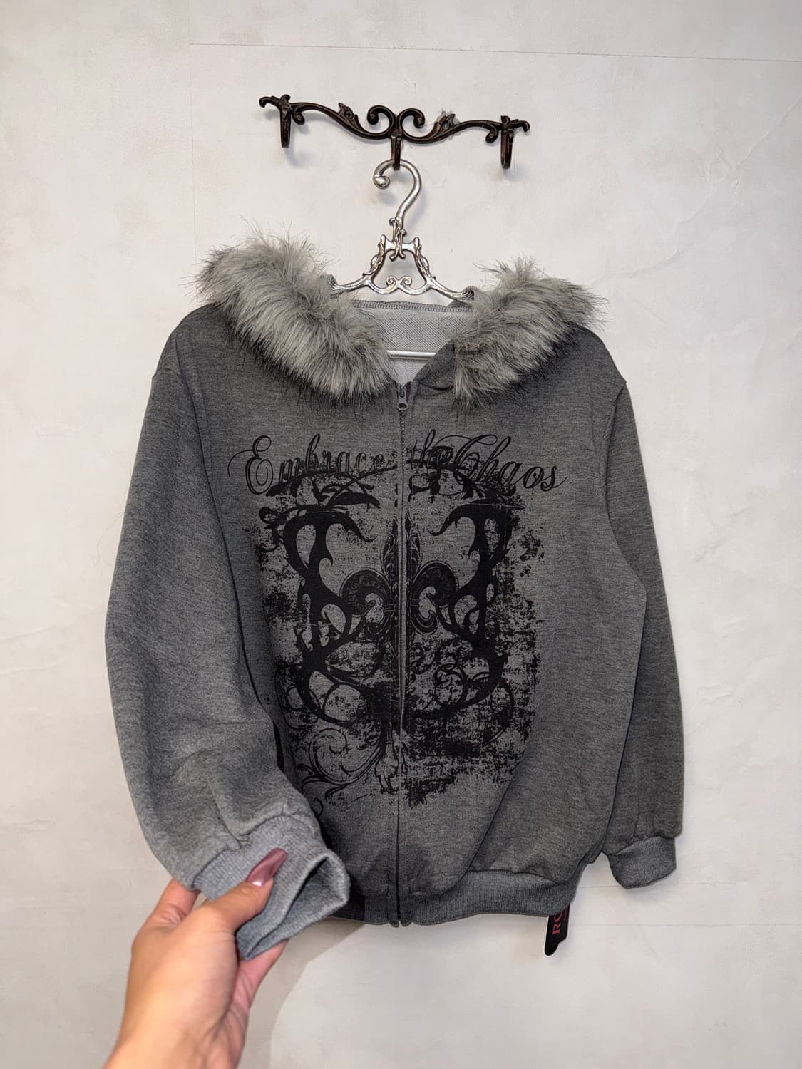 Romwe gray gothic printed fur hood zipup 상품이미지2
