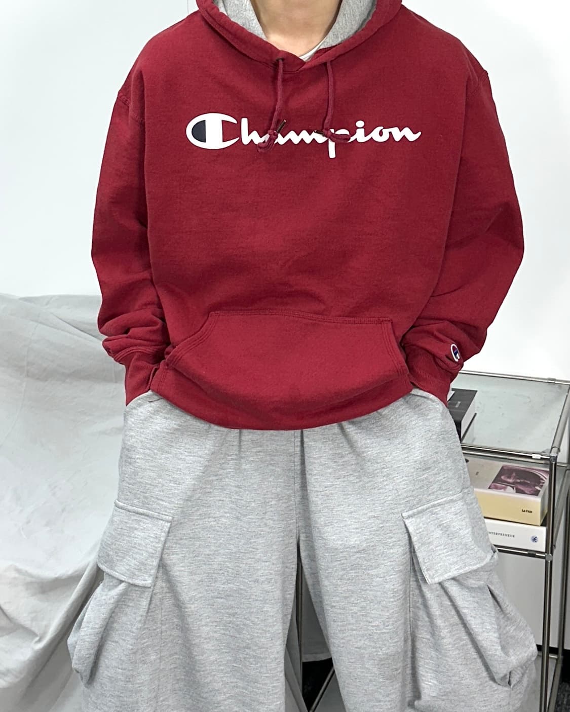 챔피온 버건디 빅로고 후드티 XL 상품이미지1