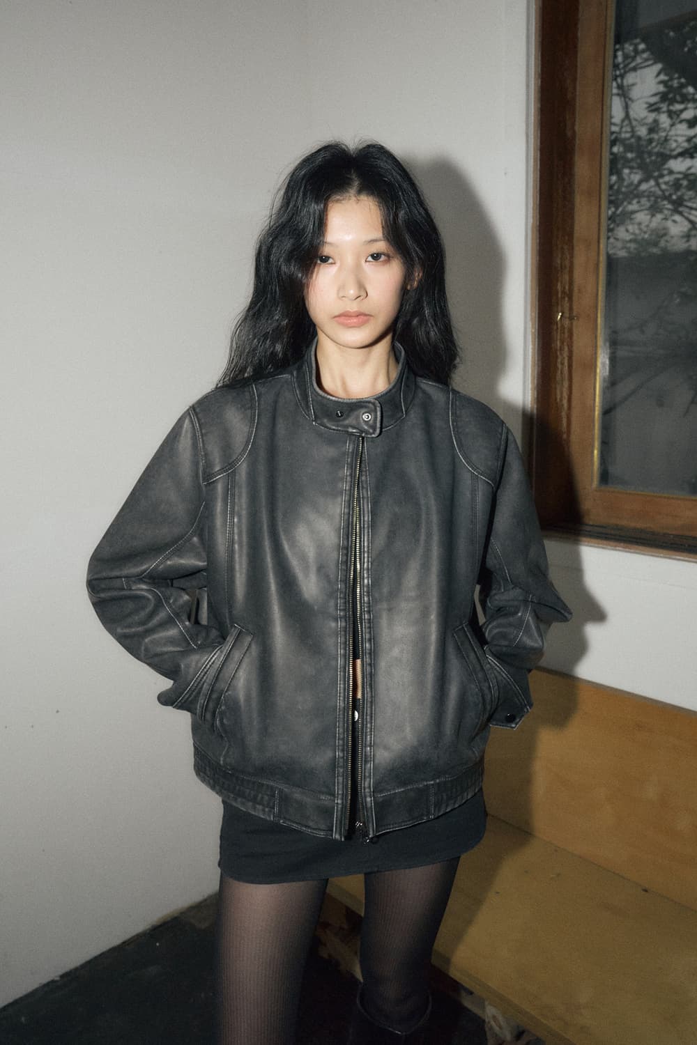 헬레네파리스 워시드 레더 블루종 빈티지 그레이 상품이미지1