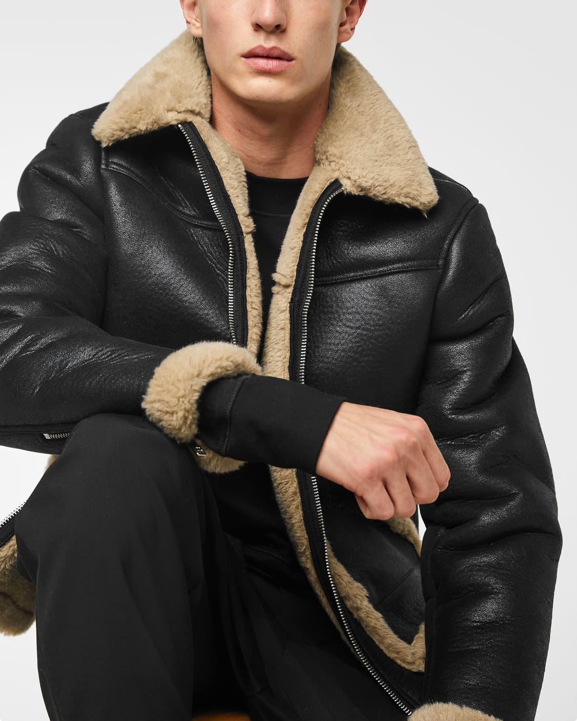 자라 무스탕 자켓 양털 레더 가죽 L 100 블랙 베이지 아이보리 바이커 상품이미지2