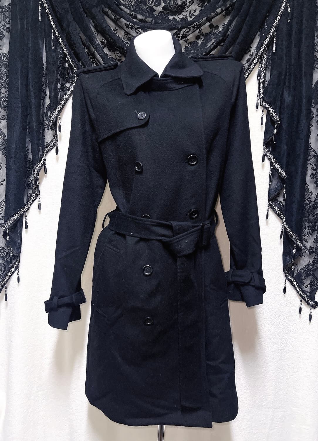 블랙 견장 버튼 모직 롱코트 자켓 고스펑크 갸루 고딕 베이직 다크 핀터 상품이미지9