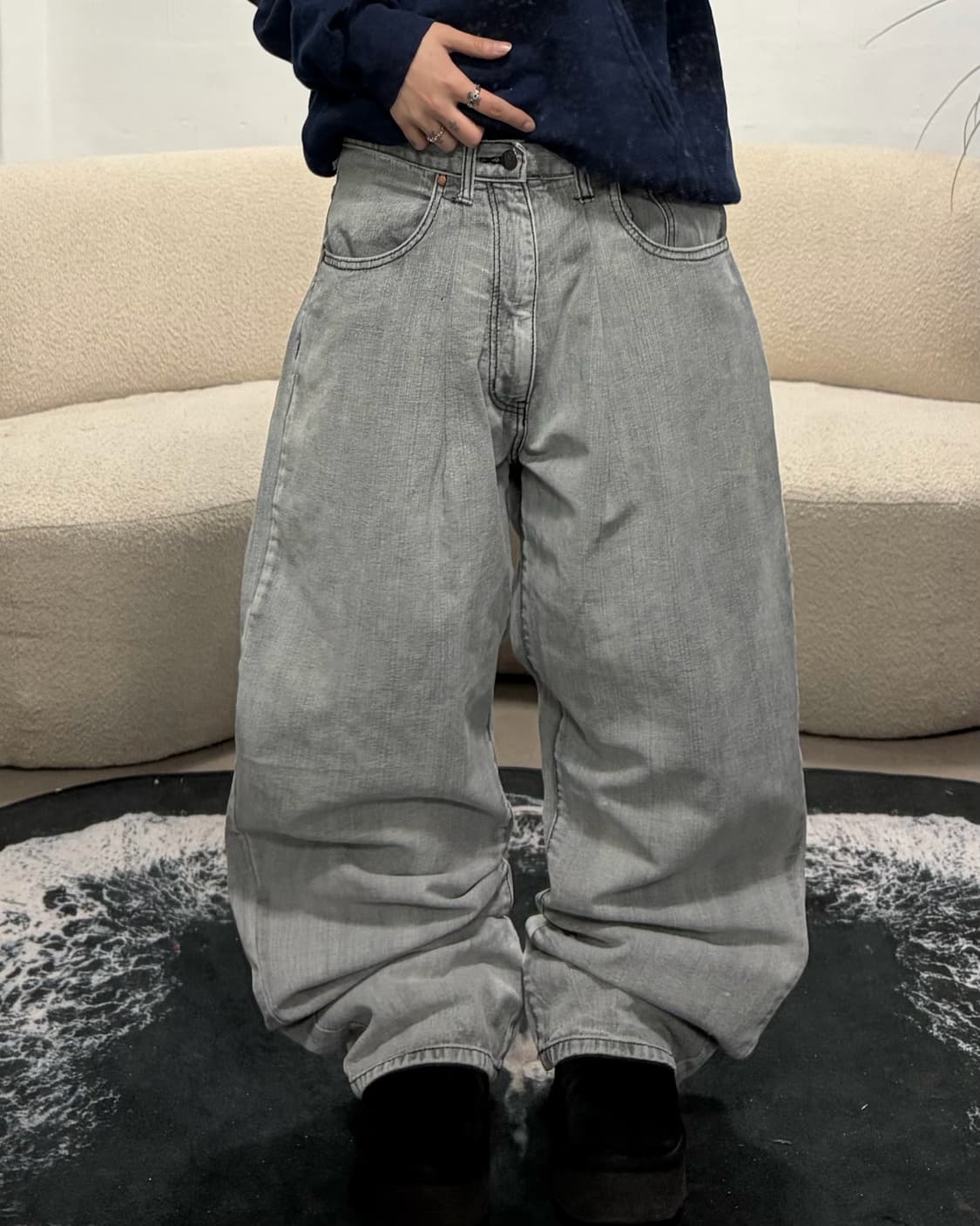  90s 올드스쿨 빈티지 흑청 데님 와이드팬츠 상품이미지2