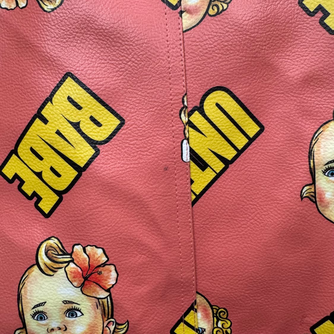 언티지 베이비 로고 프린팅 라이싱 레더 자켓 핑크 옐로우 배색 상품이미지9