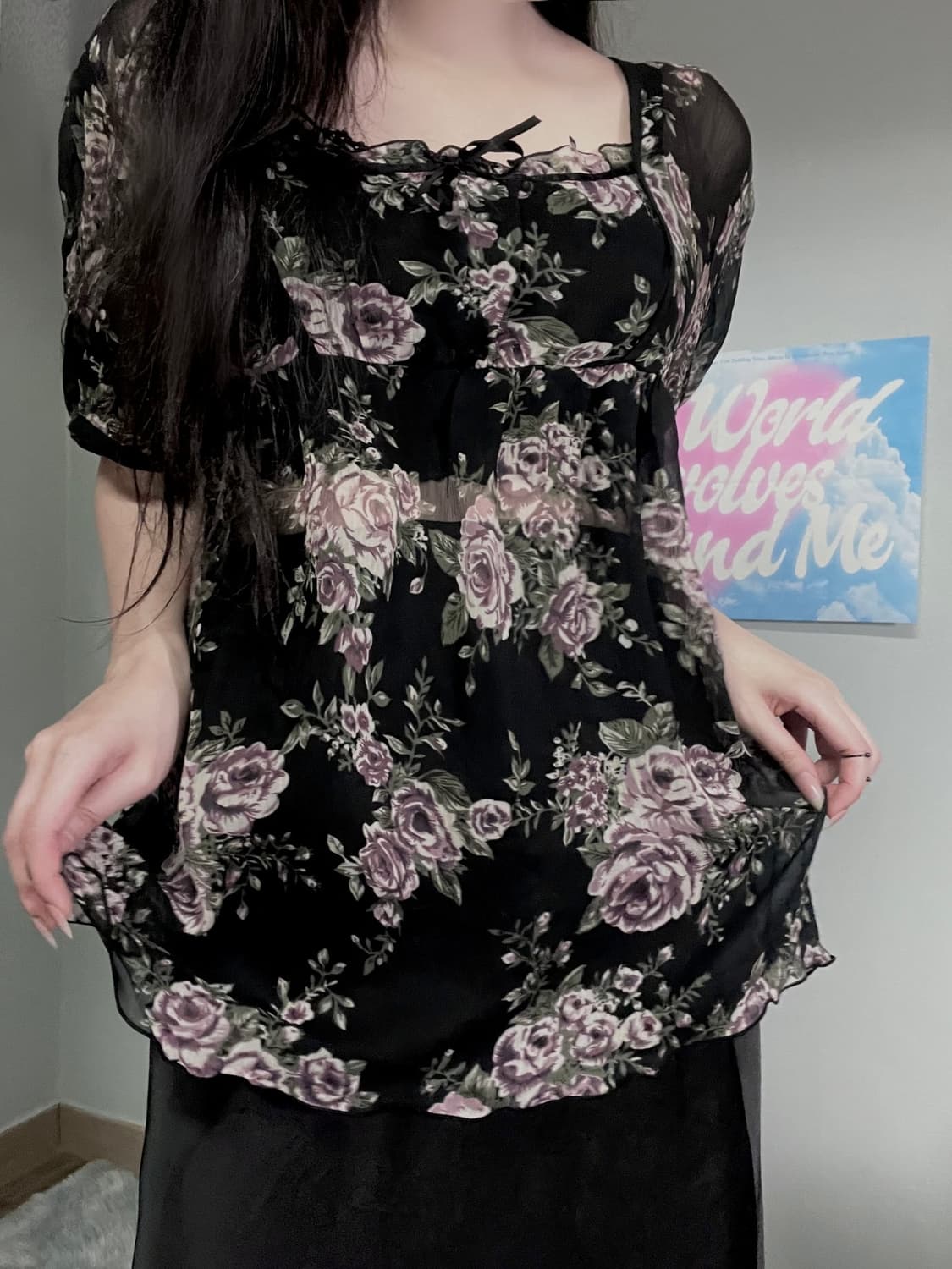 블랙 엔틱 고딕 로즈 장미 프릴 레이스 셔링 쉬폰 블라우스 상품이미지6