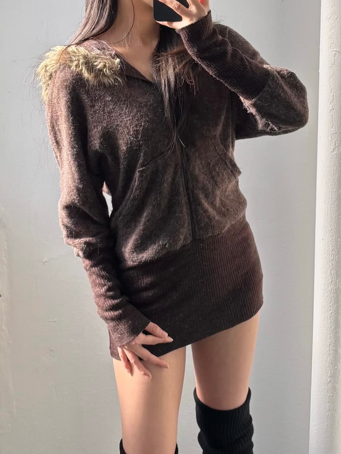 Vintage Brown Fur-Trim Hood Knit 상품이미지1