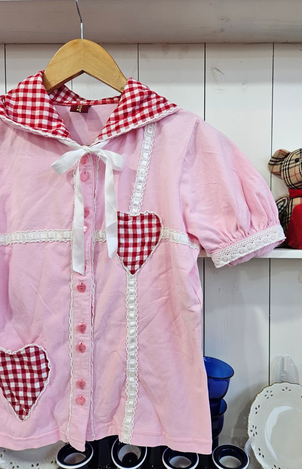 (BODY LINE) 토끼후드 하트 체크 반팔 후드탑 상품이미지4