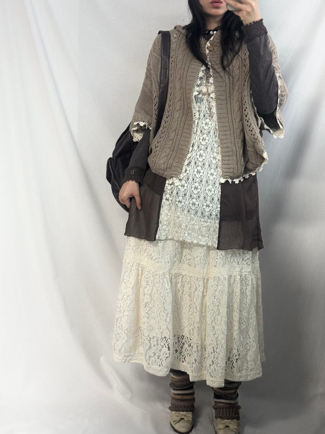 레이스 레이어드 케이블 니트 후디드 케이프 상품이미지6