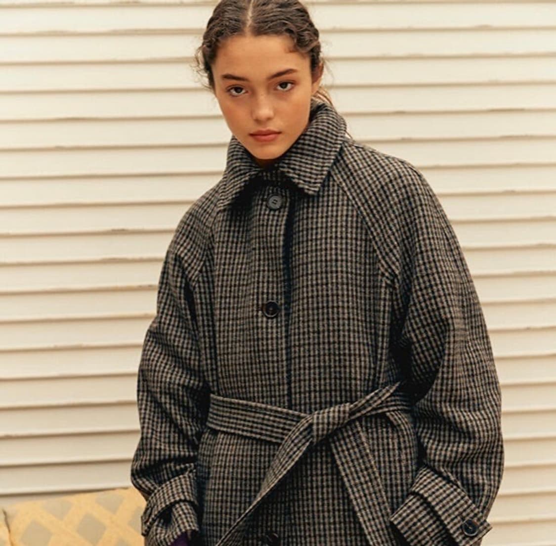 프론트로우 푸시버튼 콜라보 체크 후디 포인트 싱글버튼 롱코트 S 상품이미지1