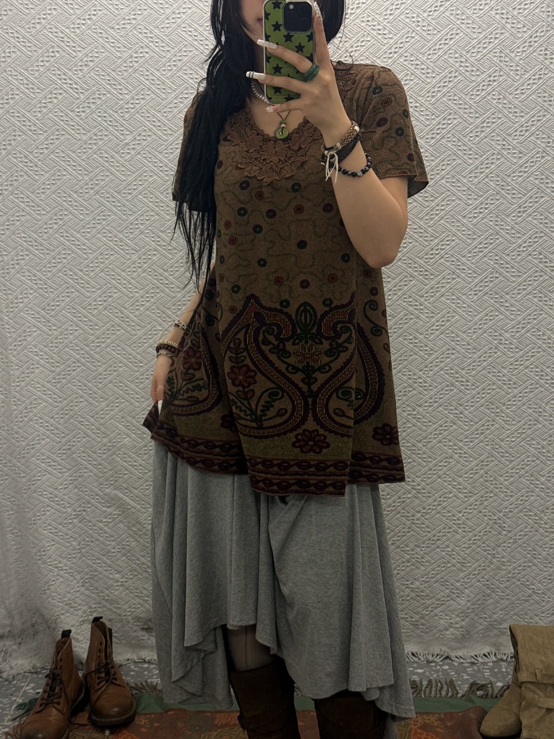 빈티지 오리엔탈 히피 갸루 레이스 단추패턴 반팔티 K0087 상품이미지1