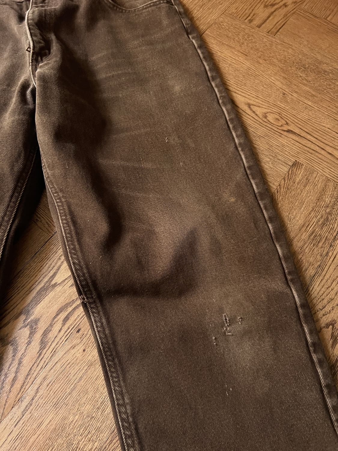 [36]칼하트 USA 체크 라이닝 빈티지 워싱 다크브라운 워크 데님 팬츠 상품이미지6