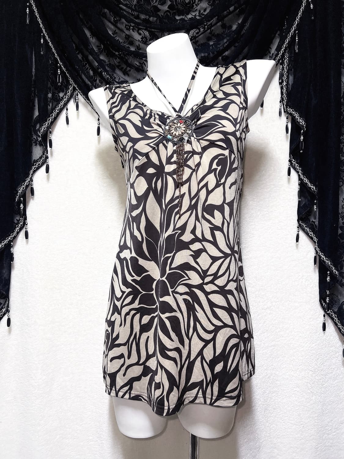 오리엔탈 페어리그런지 비즈장식 플라워패턴 슬리브리스 나시 핀터 미니원피스 상품이미지5