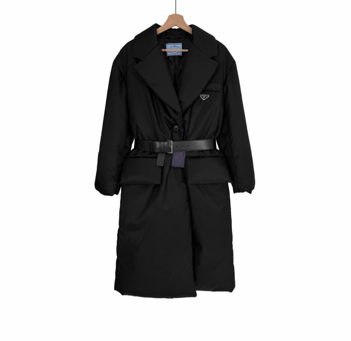[38] 프라다 여성 리나일론 삼각로고 다운 벨트 롱 패딩 코트 블랙 상품이미지1