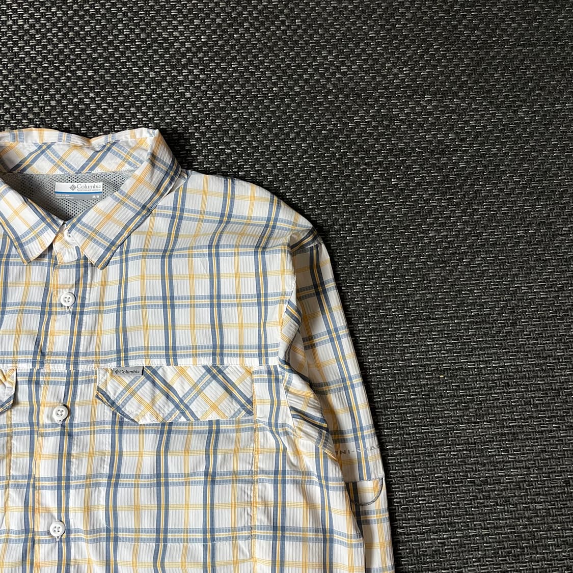 컬럼비아 화이트 옐로우 블루 투포켓 체크 폴리 긴팔 셔츠 M 상품이미지3