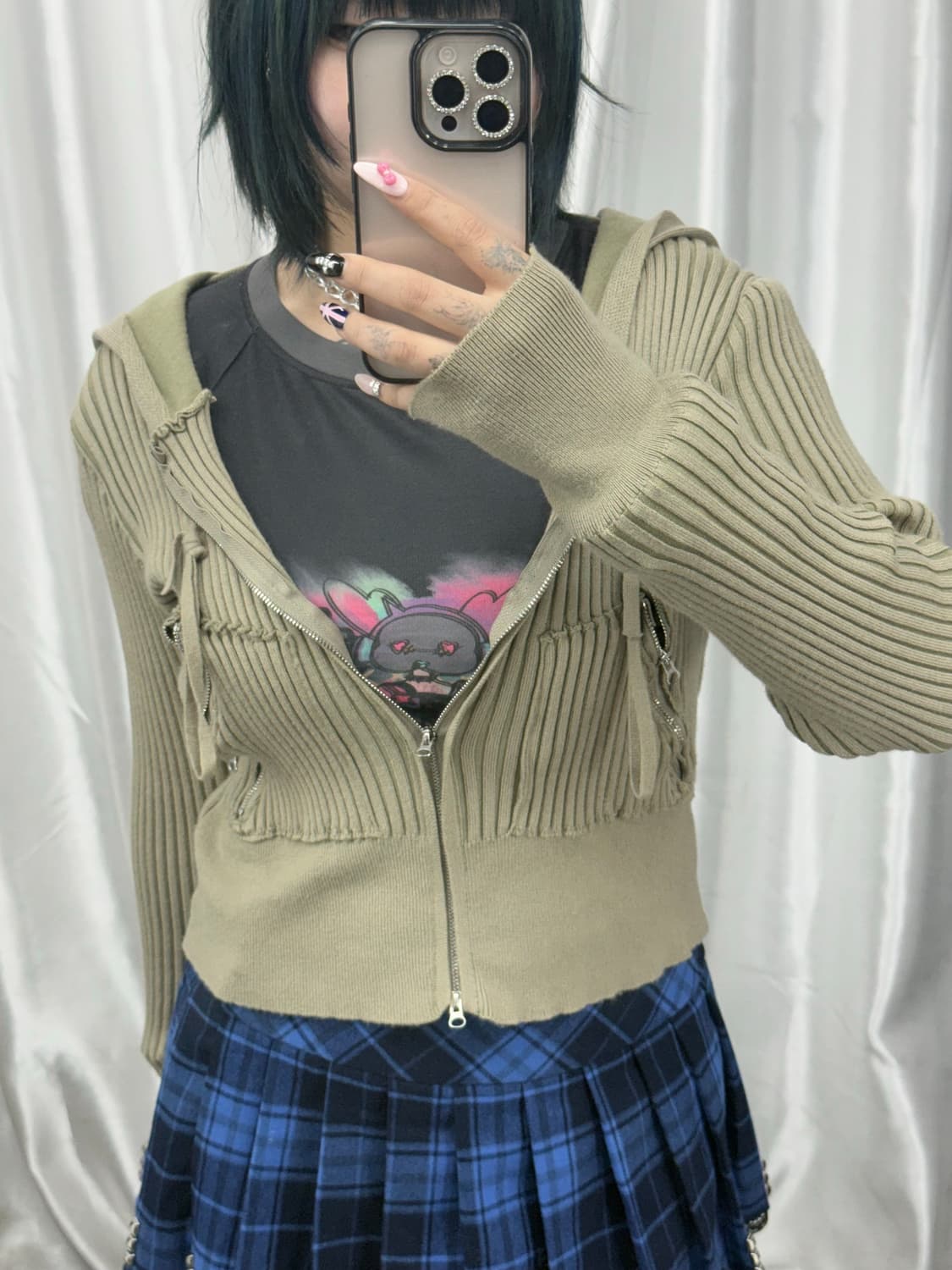 Kaki knit crop hood zip-up 상품이미지1