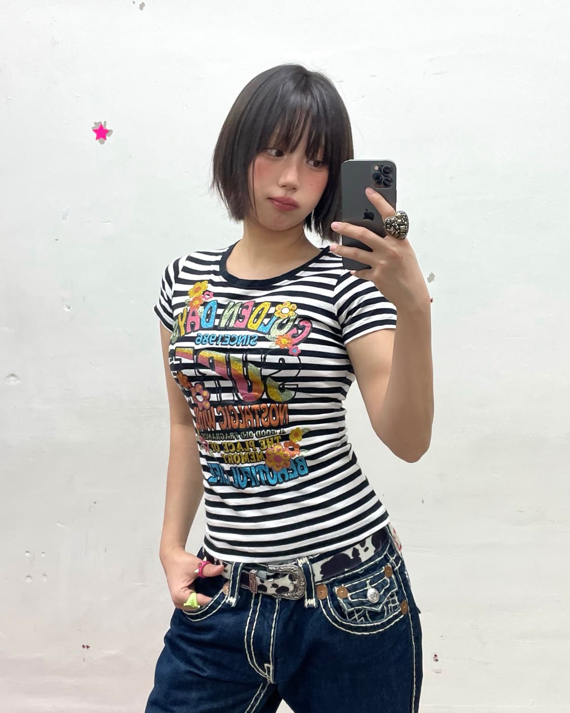 Golden Day Rainbow Flower Stripe T-shirt 상품이미지1