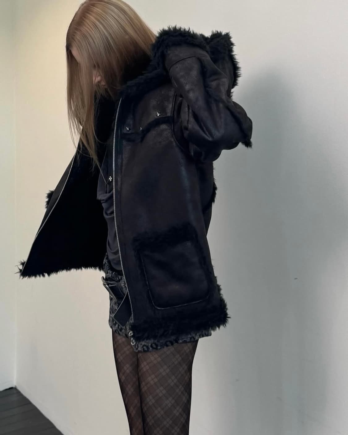 셋업이엑스이 후드 무스탕 자켓 블랙 상품이미지2