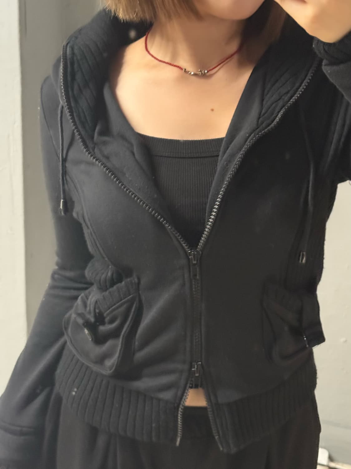 ribbed detail layered collar hood zip-up 상품이미지2
