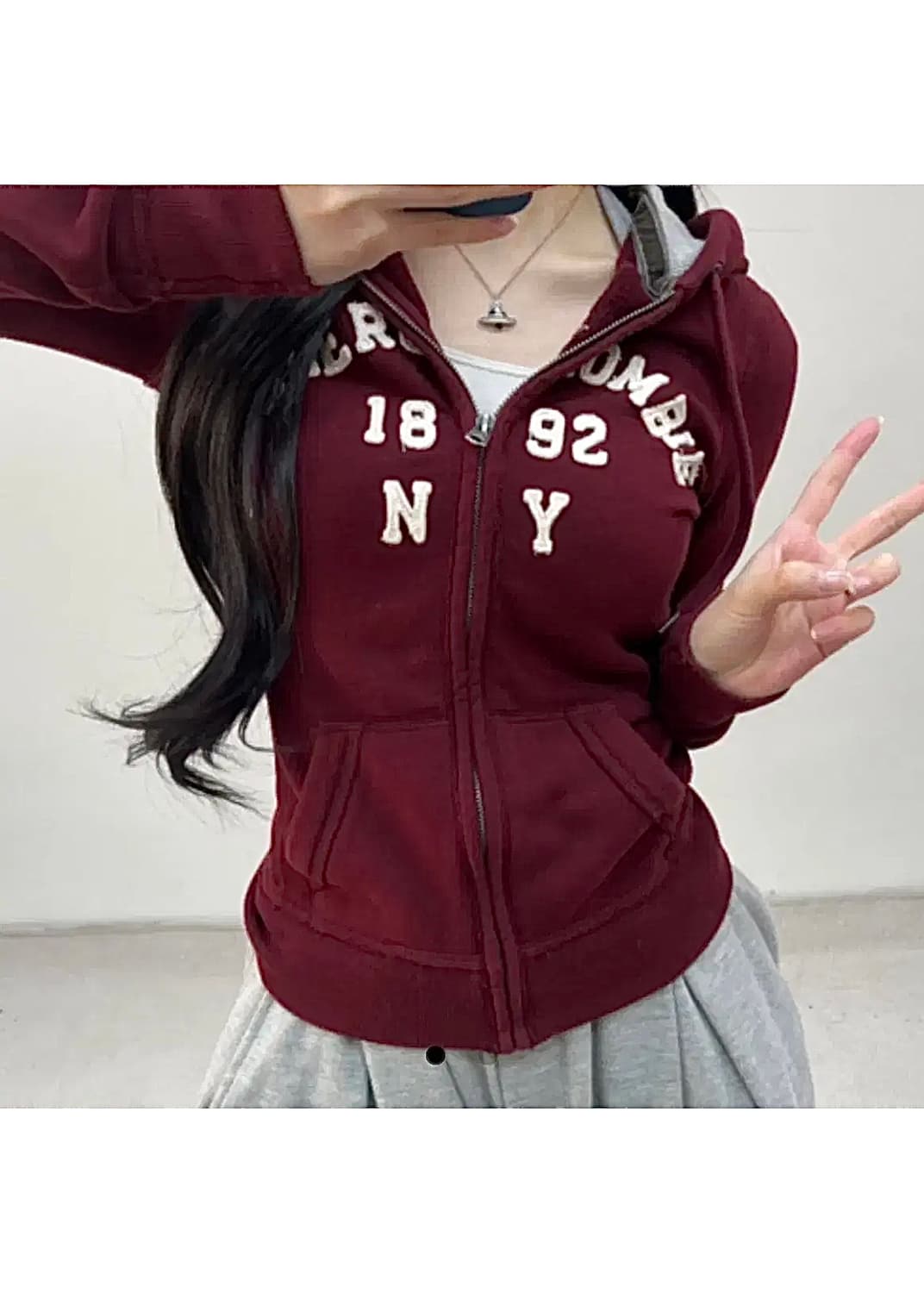 아베크롬비 버건디 레드 후드 집업 후디 스웻 S 90 y2k 빈티지 스웻 상품이미지2