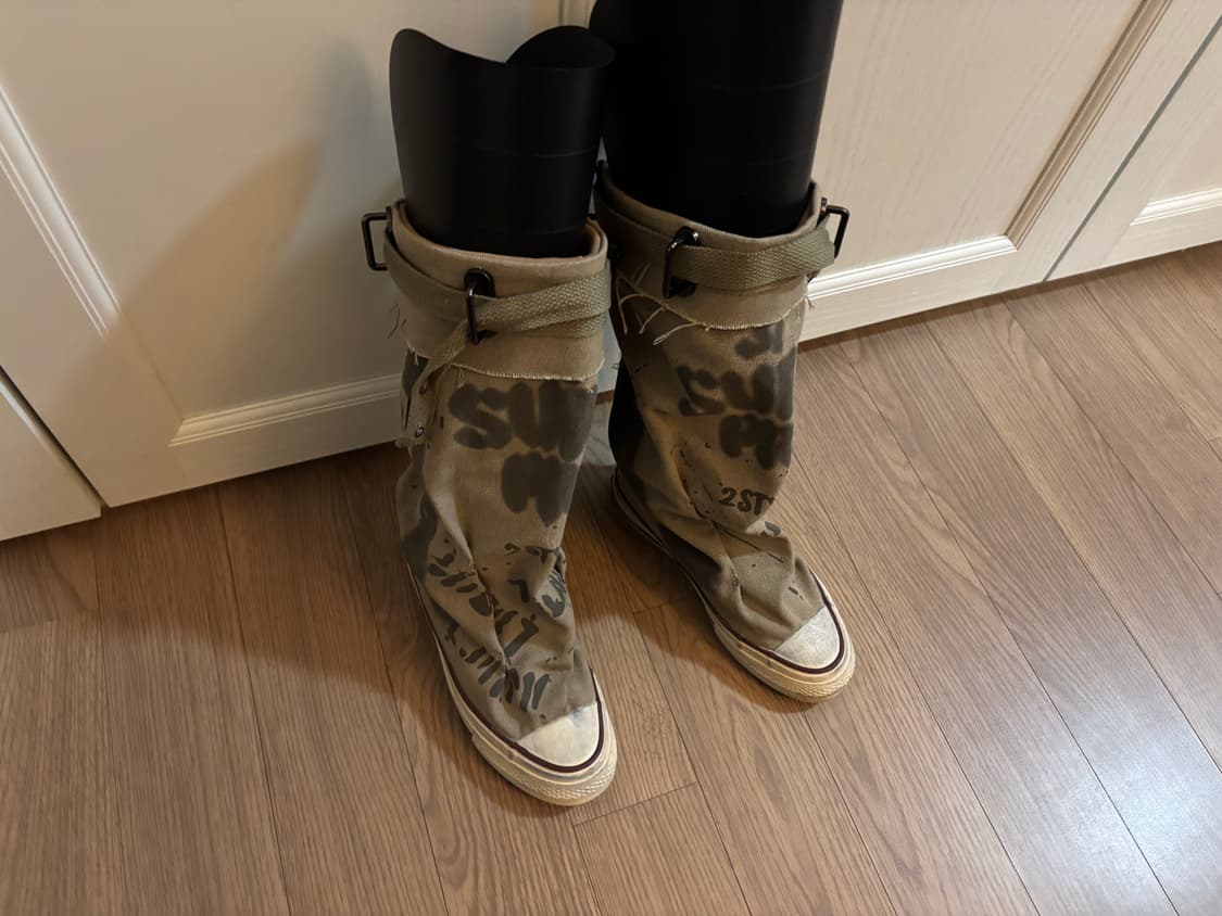 새상품급 루즈핏 셔링 캔버스 레터링 밀리터리 카모 갸루 롱부츠 루 상품이미지1