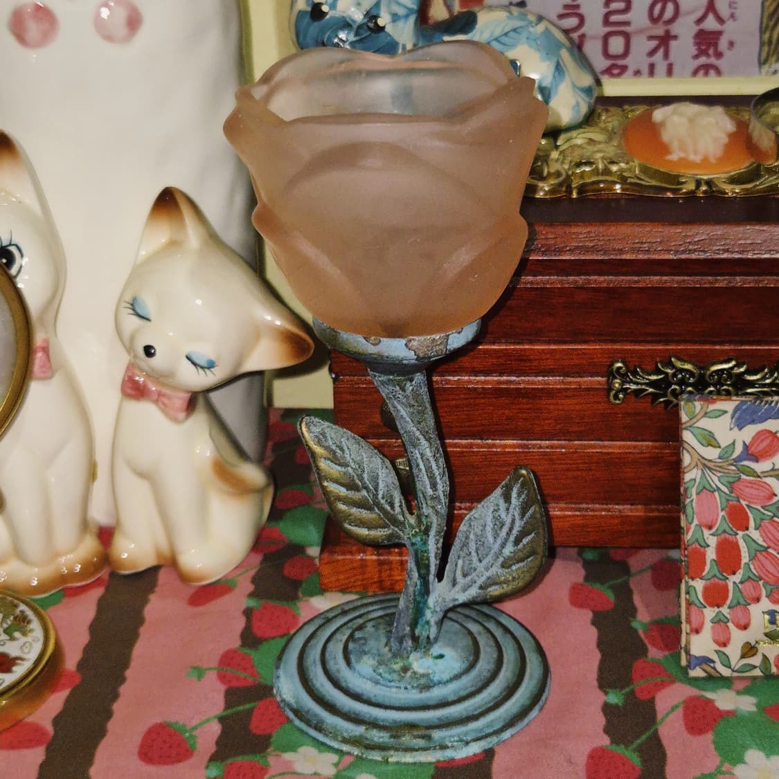 80s 엔틱 핑크 불투명 장미 촛대 상품이미지5