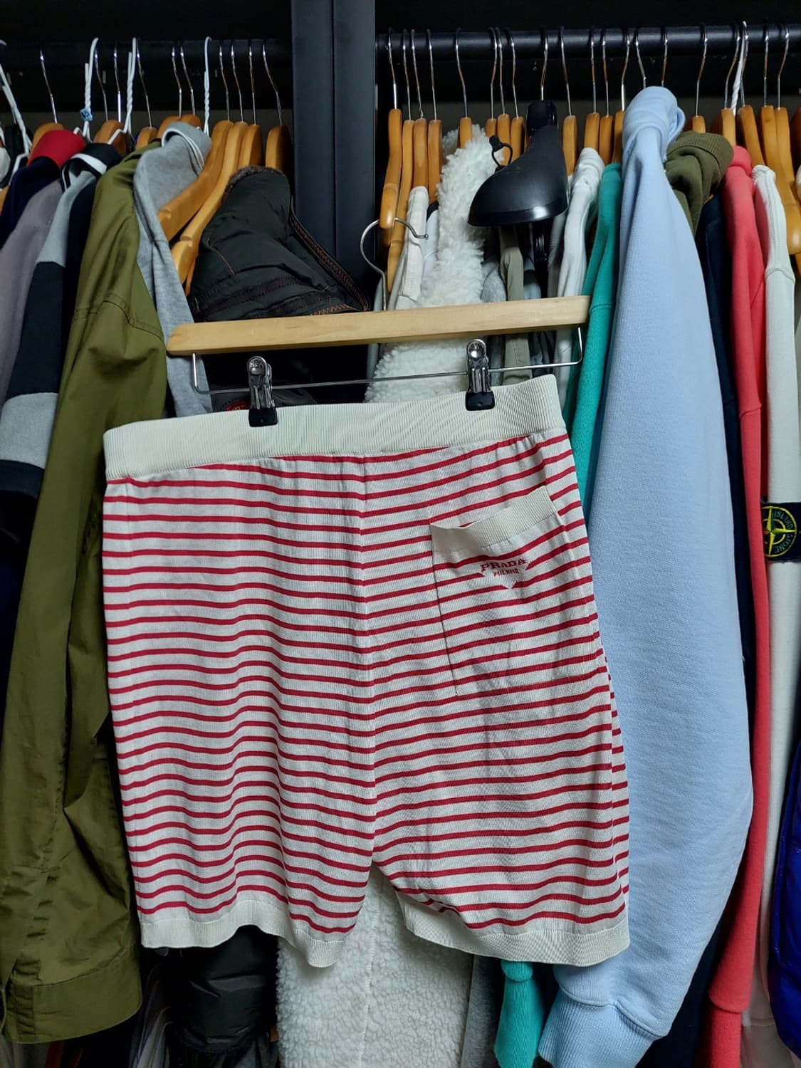 프라다 실크 레드화이트 스트라이프 쇼츠 48 백화점판 상품이미지3