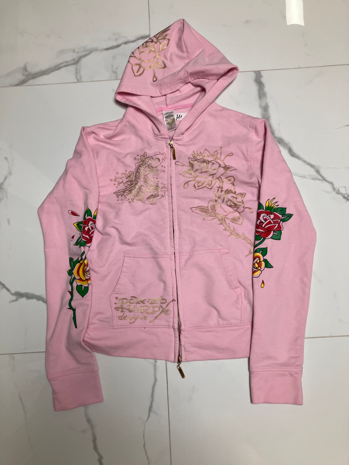 Y2K 에드 하디 (희귀) 라인스톤 스와로브스키 핑크 후드 집업  상품이미지6