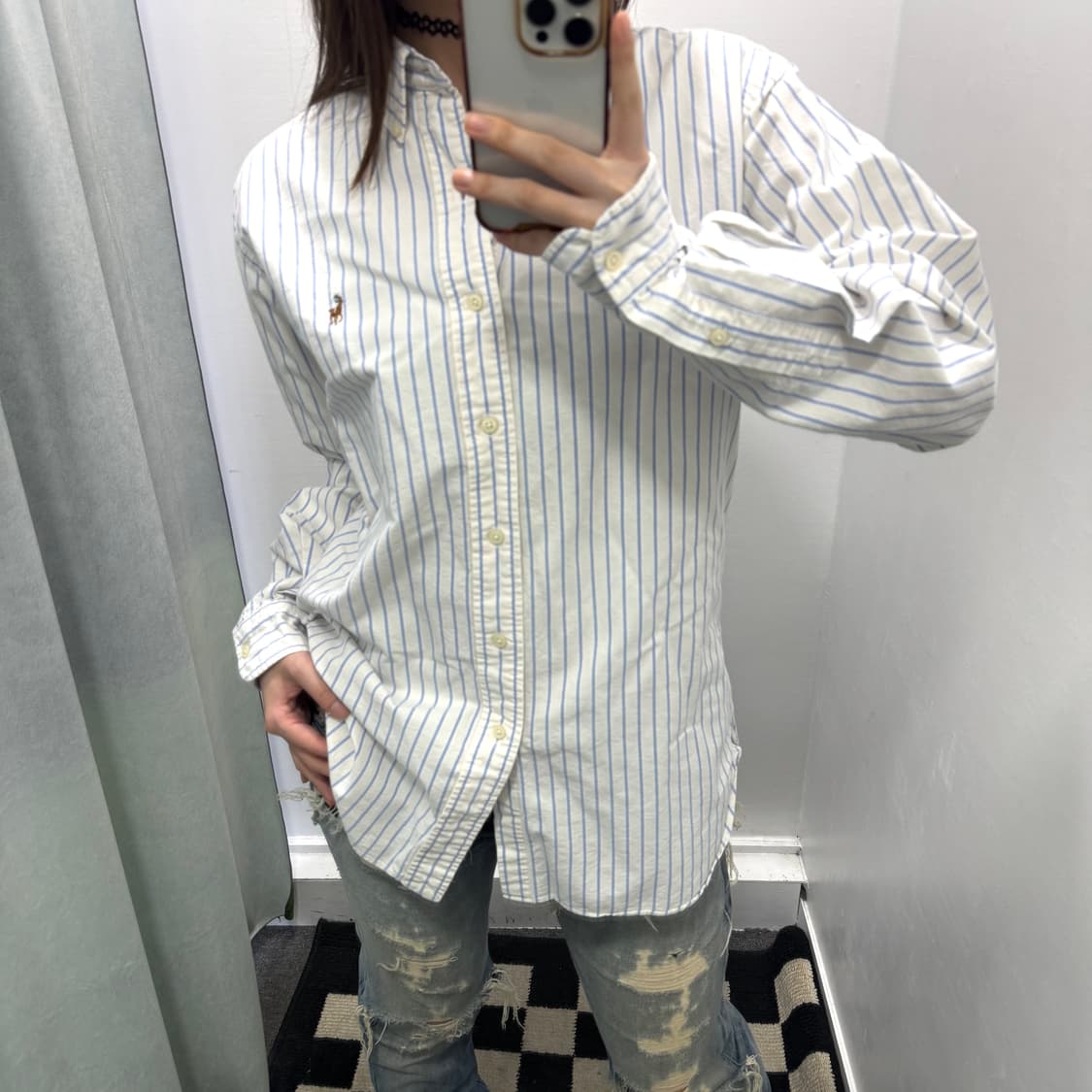 랄프로렌 화이트 블루 스트라이프 클래식핏 셔츠 상품이미지1