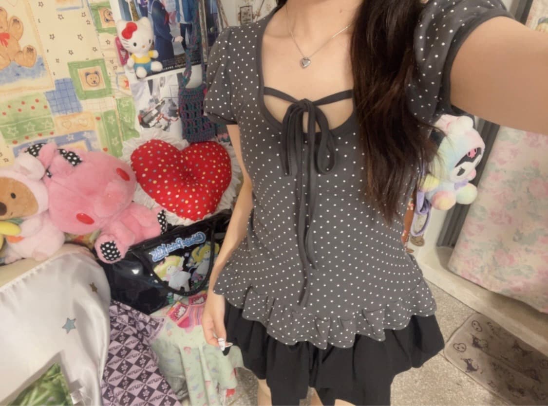 도트 퍼프 프릴 리본 반팔티୨୧ ྀིྀི  상품이미지2